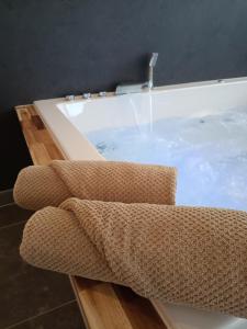 a bath tub with a faucet on top at Luxus-Apartment Champagner & Spa in Herford