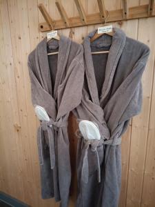 two robes hanging on a wall in a room at Luxus-Apartment Champagner & Spa in Herford