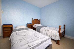 zwei Betten in einem Zimmer mit blauen Wänden in der Unterkunft The Val Hotel in Châlus