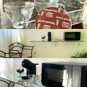 a collage of two pictures of a table with a television at Casa Freitas - suíte 1 in Extrema