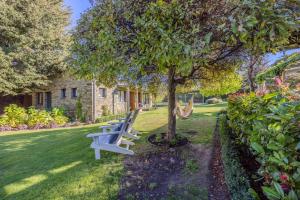 a white bench sitting under a tree in a yard at Wanaka Lakeside Serenity at Eely Point with Pool in Wanaka