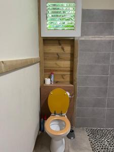 a bathroom with a toilet with a yellow lid at Ti Bwa in Sainte-Luce