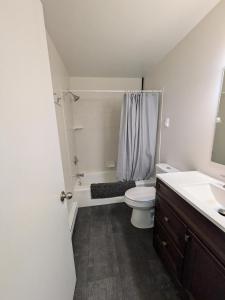 a bathroom with a toilet and a sink and a shower at Happy Hour at Windcliff! Studio condo at Shanty Creek Resort in Bellaire