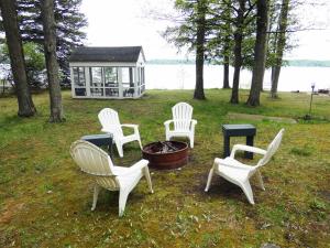 a group of chairs sitting around a fire pit at South Cottage on Torch Lake in Alden