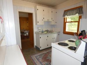 a white kitchen with a stove and a sink at Lakeside Cottage on Torch Lake in Alden