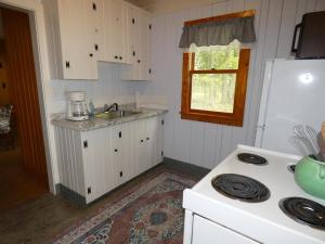 a kitchen with white cabinets and a white refrigerator at Lakeside Cottage on Torch Lake in Alden