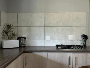 a kitchen with a stove and a counter top at African Sun Guest House in Molen Drift +51 photos