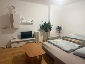 a room with two beds and a tv and a table at Harmony apartment in Šamorín