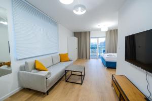 a living room with a couch and a tv at Apartamenty Mazurska Strefa in Pisz