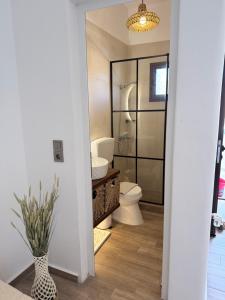 a bathroom with a toilet and a glass shower at Kanal Vstay #2 in Kithnos