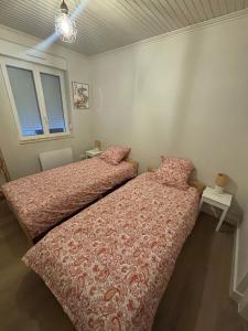 a bedroom with two beds and two windows at Maison rénovée - 2 chambres - 4 pers - L'Abeel Escapade in Bailleul