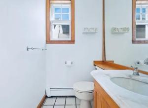 a bathroom with a sink and a toilet and a mirror at spacious room with great amenities in Boston