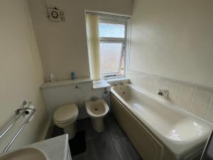 a bathroom with a toilet and a tub and a sink at Cozy Private Spacious Blackout Room in Longley