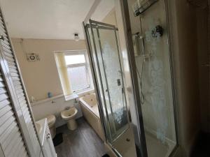 a bathroom with a shower and a toilet and a sink at Cozy Private Spacious Blackout Room in Longley
