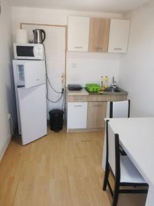 a kitchen with white cabinets and a white refrigerator at Vila Vlasina in Vlasina Rid