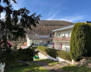 a house with a hedge in front of it at Pension Genz in Bad Karlshafen +16 photos