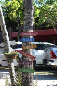 a bunch of signs on a tree in front of a car at Pousada Recanto dos Pássaros in Linhares