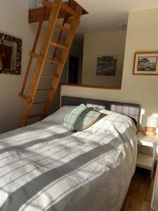 a bedroom with a bed with a ladder on the wall at Otter's Reach in Budleigh Salterton