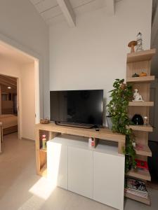 a living room with a television on a white entertainment center at Oasi del Po in Monticelli dʼOngina