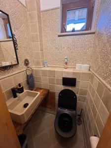 a small bathroom with a toilet and a sink at Hárs Vendégház in Balatonendréd