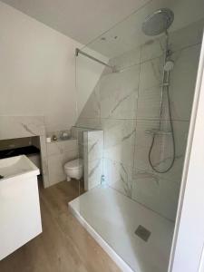 a bathroom with a glass shower with a toilet at - Le 4ème Tourbillon- in Molsheim