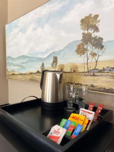 a coffee pot on a kitchen counter with a painting at Dunamis Lodge in Giyani