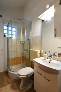 a bathroom with a shower and a toilet and a sink at Apartments Villa Arta in Murter +68 photos