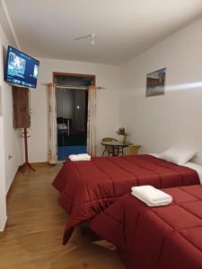 two red beds in a room with a flat screen tv at HOTEL HUAYTARA CasaBlanca in Huaytará