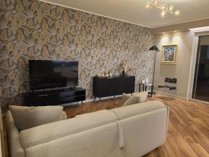 a living room with a couch and a flat screen tv at Gravina Boutique Apartment in Gravina in Puglia