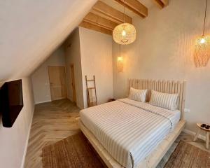 a bedroom with a bed and a tv in it at Casa Ido sat Pestera Moieciu in Peştera