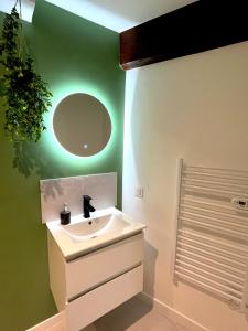 a bathroom with a sink and a green wall at Place aux fleurs - Le cocon in Dole +13 photos
