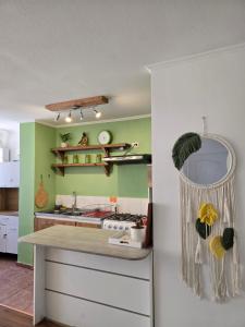 a kitchen with green walls and a counter top at Céntrico y cómodo departamento in Los Andes