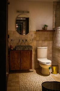 a bathroom with a toilet and a sink and a mirror at La Magia del Bosque in Puebla