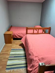 two twin beds in a room with a rug at Cabaña Centro in Coihaique