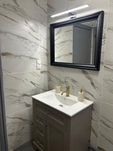 a bathroom with a sink and a mirror at Le Petit Rocher in Pierrelatte