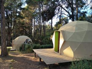 a tent and a wooden bench in a forest at Aires de Berna in Villa Berna