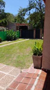 a yard with a potted plant on a brick patio at Cabaña LA SOÑADA in Villa Anizacate