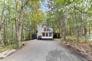 a house in the woods with a driveway at Bear Cabin Hideout in Hamlin