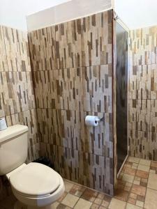 a bathroom with a toilet and a shower at Hotel del Pozo in San Sebastián del Oeste +175 photos