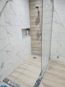 a shower with a glass door in a bathroom at Soares Stay in Tarrafal