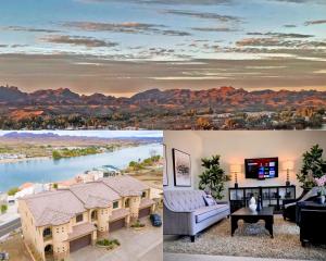 two pictures of a living room with a view of a river at Parker Strip Vacation Villa in Parker