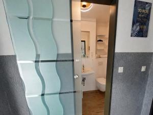 a glass shower door in a bathroom with a toilet at Studio Martina mit Pool und Sauna in Freyung +27 photos