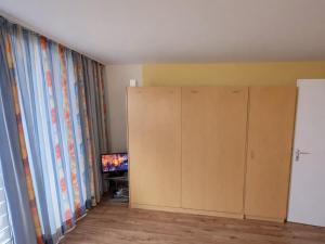 a room with a closet and a tv and curtains at Studio Robert mit Pool und Sauna in Freyung