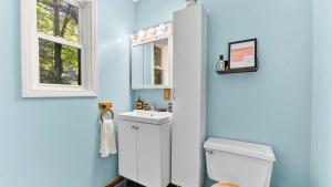 a bathroom with a white toilet and a sink at Bear Cabin Hideout in Hamlin +20 photos