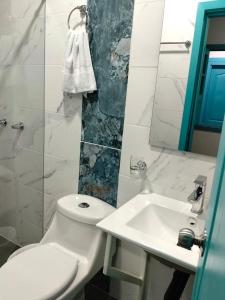 a bathroom with a white toilet and a sink at Quindio Mio in Filandia