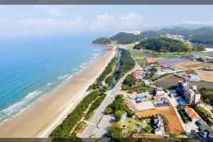 an aerial view of a beach and the ocean at Silver Glowing Sea Pension in Taean