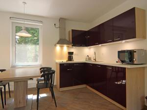 a kitchen with a table and a counter top at Doppelhaushälfte Seestern, Lohmen in Lohmen