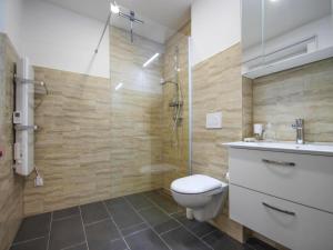 a bathroom with a toilet and a shower and a sink at Doppelhaushälfte Seestern, Lohmen in Lohmen +27 photos