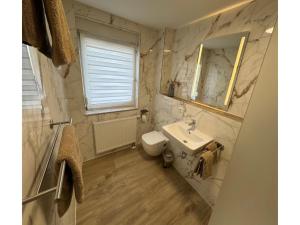 a bathroom with a sink and a toilet and a mirror at behagliche Ferienwohnung in Elstra in Elstra +10 photos