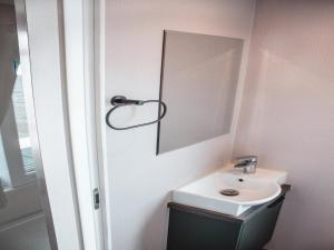 a bathroom with a sink and a mirror at behagliches Floating Home in Berlin in Berlin